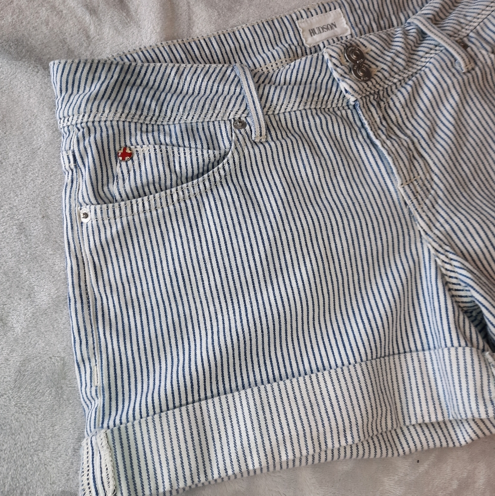 Hudson Striped Croxley Mid Thigh Shorts White & Blue Size 28 - Picture 2 of 8